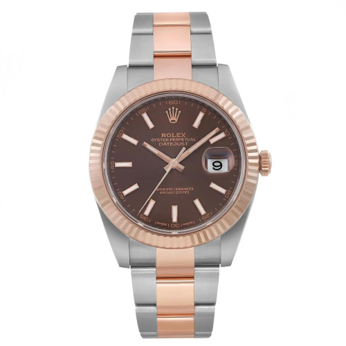 An image of a pre-owned men's Rolex Datejust 41 18K Rose Gold Steel Chocolate Index Dial Men Watch 126331 taken from a straight-on angle at a close distance. The watch features a two-tone metal bracelet in stainless steel and rose gold, with a matching rose gold bezel. The brown dial includes luminous hands and a date indicator.