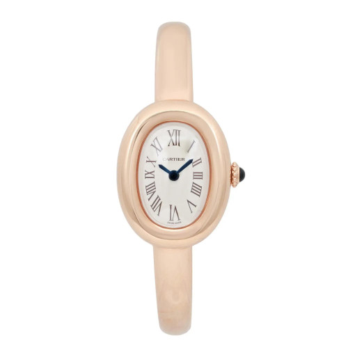 An image of a pre-owned women's Cartier wristwatch, positioned upright and facing forward. The watch has a rose gold-toned oval case with a white dial featuring Roman numerals and blue hands. The crown is adorned with a dark cabochon. The image is captured from a close distance, showcasing the watch's elegant design and polished finish.
