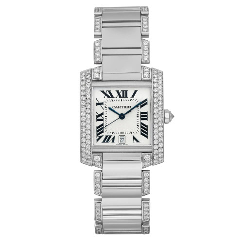 An image of a pre-owned Cartier luxury wristwatch, presented in a full frontal view with the watch positioned vertically in the center of the frame. The watch features a silver dial with black Roman numerals and a date indicator at the 6 o'clock position, set in a rectangular white gold case with a white gold bezel, encrusted with diamonds. The white gold band is also adorned with diamonds, complementing the luxury style. The condition is classified as good. The image is taken at close range, with the watch occupying most of the frame, to capture the details clearly. Can have minor blemishes during handling and shipping.
