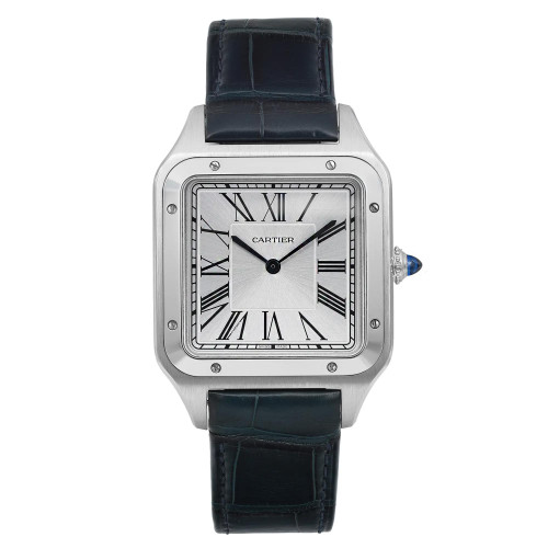 An image of a Cartier men's luxury wristwatch in display model condition, featuring a square stainless steel case with a gray bezel. The watch has a silver dial with black Roman numeral indices for a 12-hour display and is equipped with a blue leather band. The watch is presented in a full frontal view, centered and taken from a close distance, showcasing its elegant design and details with no angle.