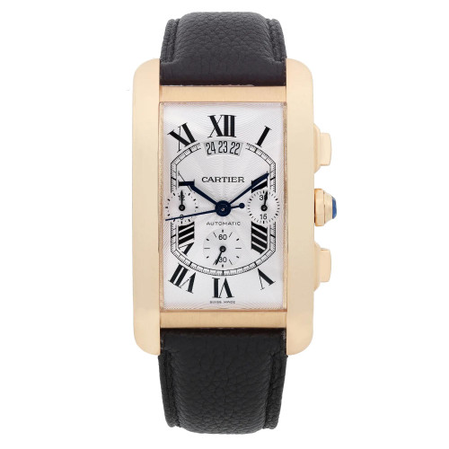 An image of a pre-owned Cartier men's luxury wristwatch presented in a full frontal view. The watch features a rectangular yellow gold case with a silver dial, complemented by gold-colored bezel. It has a black leather band and the dial showcases Roman numerals, a 12-hour dial layout with a seconds hand, as well as a chronograph and date indicator. There is also a small seconds subdial. The condition of the watch is classified as excellent. The watch is depicted up close and at a direct angle to fully display its features. The words "AUTOMATIC" and "SWISS MADE" are visible on the dial, emphasizing the watch's quality and origin.