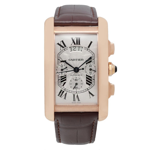 An image of a pre-owned Cartier men's luxury wristwatch in a front full frontal view. The timepiece features a rectangular rose gold case with a silver guilloche dial, adorned with black Roman numerals and multi-dial indices. It includes a chronograph, a date indicator, and a small seconds subdial. The bezel is also rose gold, complementing the watch's overall design. A brown leather band with visible stitching attaches to either side of the case. The watch is positioned centrally and photographed at a close distance, providing a clear view of its details.
