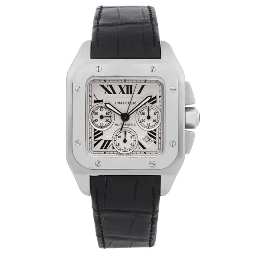 An image of a pre-owned Cartier men's luxury wristwatch with a full frontal view. The watch features a square stainless steel case with a steel bezel and a silver dial. It has Roman numerals and a 12-hour dial with a seconds hand, chronograph, date indicator, luminous hands, and a small seconds subdial. The black leather band is positioned straight as it would lay on a surface, with the watch face clearly visible and centered in the frame. The condition is classified as good.
