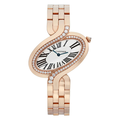An image of a pre-owned Cartier women's wristwatch in good condition, presented in a full frontal view. The watch features a luxury style with a rose gold case and band. The silver dial is accented by rose gold bezel and is adorned with diamonds around its perimeter. Roman numerals serve as indices on a 12-hour dial.