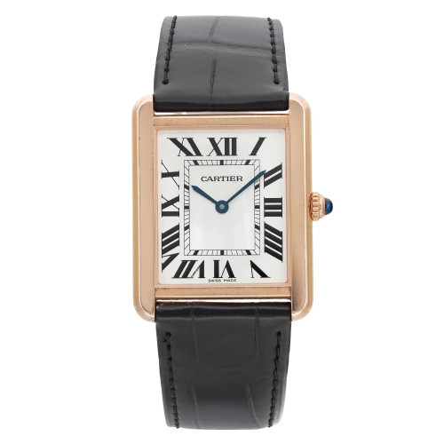 An image of a pre-owned Cartier luxury wristwatch for women, displayed in a full frontal view. The watch features a rectangular rose gold case with minor signs of wear, a silver dial with black Roman numeral indices, and blue hands. It has a rose gold bezel and is attached to a black leather band. The watch is positioned centrally and shot from the front at a close distance, providing a clear view of the details.