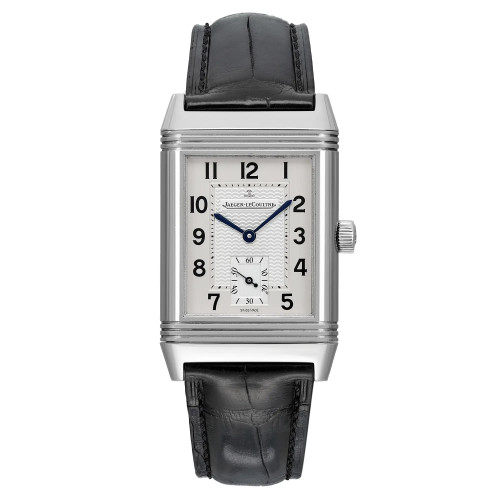 An image of a pre-owned Jaeger-LeCoultre men's wristwatch in excellent condition, shown in a full frontal view. The watch features a casual style with a silver dial, gray bezel, and Arabic numeral indices on a 12-hour dial. It has a rectangular stainless steel case and is attached to a black leather band. The watch is positioned straight on to the camera, with the face fully visible and the band partially folded behind the watch, giving a clear view of the watch details. The image is shot from a close distance, providing a detailed view of the timepiece.