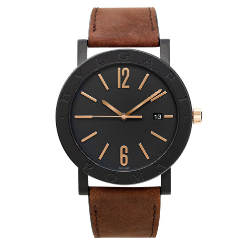 An image of a new Bvlgari men's luxury wristwatch, presented in a full frontal view. The round stainless steel case has a black dial and bezel, with rose gold-tone Arabic numerals at 6 and 12 o'clock, stick indexes for other hours, and a small date window at 3 o'clock. It features a brown leather band and is shot from a direct angle at close distance, showcasing the watch's design clearly.