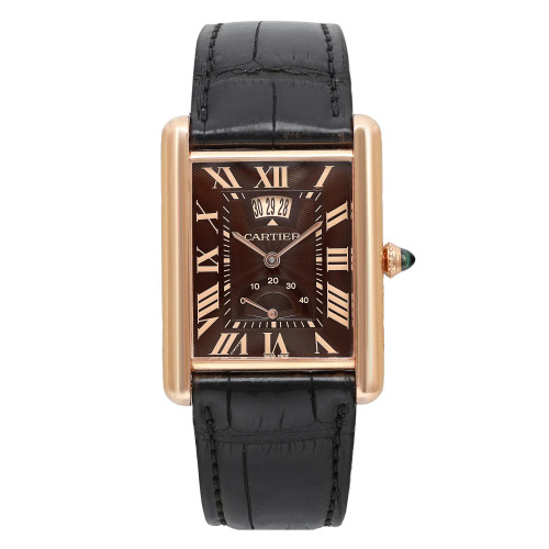 An image of a pre-owned Cartier men's wristwatch in good condition, presented in a full frontal view. The watch has a rectangular rose gold case with a chocolate-colored dial featuring Roman numerals and a 12-hour dial. It is fitted with a black leather strap that shows signs of wear. The bezel color is rose gold, and the watch is styled in a classy manner. The angle of the photo is straight on, with the watch occupying the central position, allowing clear visibility of the dial and strap.