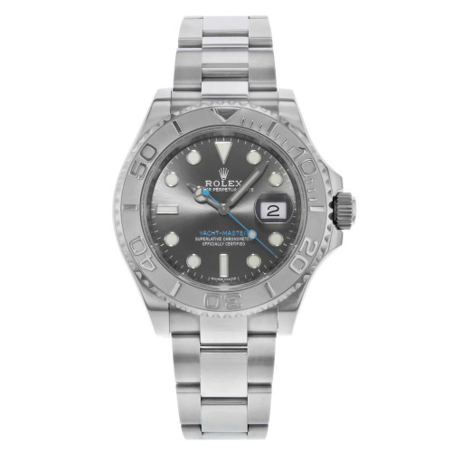 An image of a pre-owned Rolex Yacht-Master men's wristwatch in excellent condition. The watch is shown in a full frontal view, centered in the frame, with the face of the watch directly facing the viewer. It features a luxury style with a round rhodium sunburst dial, platinum bezel, and stainless steel band and case. The dial has 12-hour indices with round and stick indexes, and the watch has a date display at the 3 o'clock position.