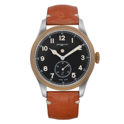 An image of a pre-owned Montblanc men's wristwatch in good condition, displayed in a front full frontal view. The watch has a round stainless steel case with a gold tone bezel, a black dial featuring Arabic numerals, luminous hands, a small seconds subdial at 6 o'clock, and a date indicator at 3 o'clock. It is fitted with a brown leather band. The watch is shown close-up, facing directly forward with no angle, highlighting its casual style.