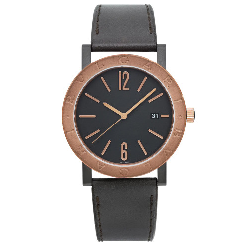 An image of an unworn Bvlgari men's wristwatch in a casual style, presented in a full frontal view. The watch features a round Black DLC stainless steel case with a bronze bezel, a black dial with stick indexes and a 12-hour dial layout, and a date display at the 3 o'clock position. It has a dark brown leather band, and the overall angle of the watch is head-on, centered, and at a close distance, providing a clear view of the watch details.