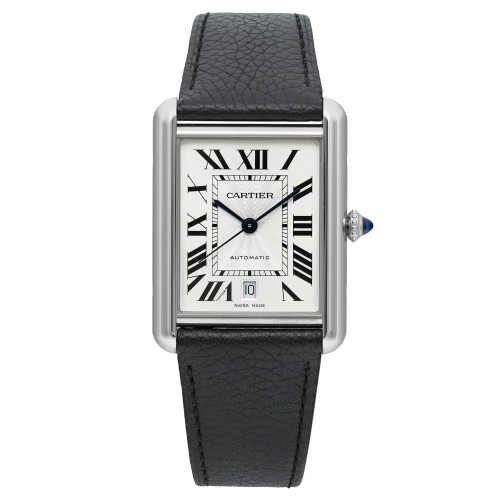 An image of a Cartier wristwatch for men in excellent condition with a casual style. The watch is presented in a full frontal view, centered and up-close. It features a rectangular stainless steel case and a silver dial with a guilloche design. Roman numerals mark the hours on the 12-hour dial. A gray bezel surrounds the face, and the watch is fitted with a black stainless leather band with a textured finish. The crown is visible on the right side of the case, and the watch indicates it is automatic and Swiss-made at the bottom of the dial. This is a display model watch and may shows minor blemishes due to storing.