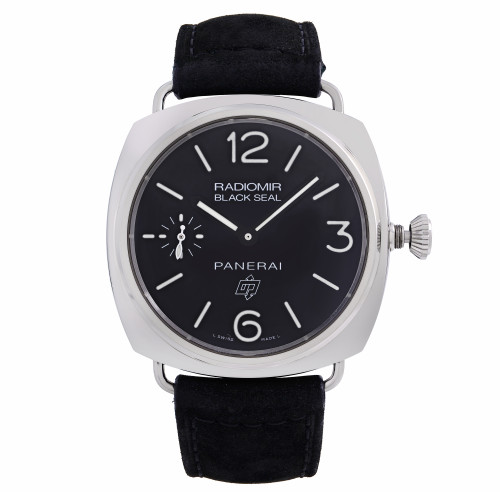 An image of a pre-owned Officine Panerai men's wristwatch in excellent condition, presented in a full frontal view. The watch features a cushion-shaped stainless steel case with a black dial, luminous hands, and a small seconds subdial at the 9 o'clock position. It has Arabic numerals at 6, 9, and 12 o'clock, with non-numeric hour marks for the other positions. The strap is made of black leather, and the watch has a dress/formal, luxury style. Visible on the dial is the text "RADIOMIR BLACK SEAL" and "PANERAI." The image is taken from a medium distance, allowing a clear and detailed view of the watch face and top portion of the band.