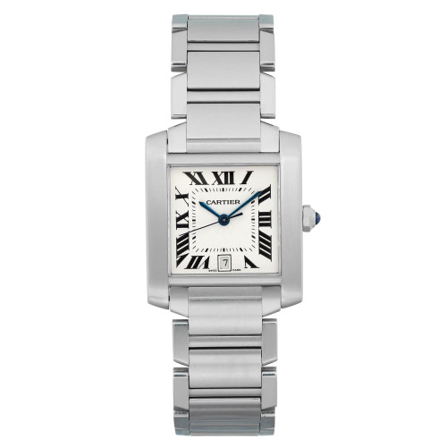 An image of a pre-owned Cartier men's luxury wristwatch, presented in a full frontal view. The watch features a square stainless steel case with a gray bezel and a silver dial. Roman numerals serve as indices on the 12-hour dial, and a date indicator is positioned at the 6 o'clock mark. The watch is fitted with a stainless steel band, and the hands are visible in a straight position, with a prominent blue hand indicating the seconds. The watch is photographed up close, filling the frame for a detailed view of its condition, which is classified as good.