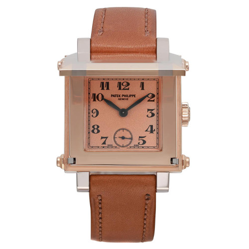 An image of a pre-owned Patek Philippe men's luxury wristwatch in excellent condition, featuring a square rose gold case and bezel with a rose-colored dial. The watch has a 12-hour dial with Arabic numerals and is shown in a full frontal view with the unworn leather band, extending upwards. The image is taken from a front angle, displaying the watch face clearly and at a close distance.