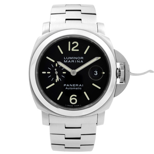 An image of a pre-owned Officine Panerai Luminor Marina men's wristwatch in excellent condition. The watch is presented in a front full frontal view, centered and occupying most of the frame. It features a cushion-shaped stainless steel case and band, with a black dial that includes Arabic numerals, non-numeric hour marks, and luminous hands. A small seconds subdial and a date indicator are visible. The watch is styled as a luxury dress/formal timepiece.
