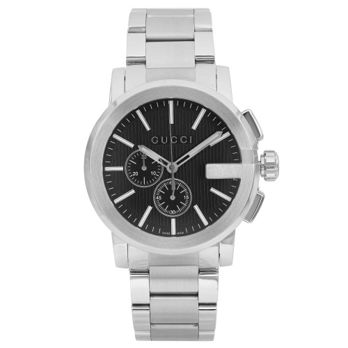 An image of a Gucci men's wristwatch, presented in a front full frontal view showcasing its casual style. The watch has a round stainless steel case with a silver bezel and a black teaked dial. It features a 12-hour dial with stick indexes, a seconds hand, luminous hands, and two subdials for the chronograph and small seconds. The stainless steel band is visible, with the watch positioned centrally and facing directly forward, allowing for a clear view of all details. The overall condition of the display model watch appears to be excellent.