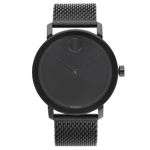 A sleek Movado wristwatch featuring a minimalist black dial with black hands, a single dot at the 12 o'clock position, and a matching black mesh bracelet.Condition is Pre-owned with minimal signs of wear. Small scratches on crystal.