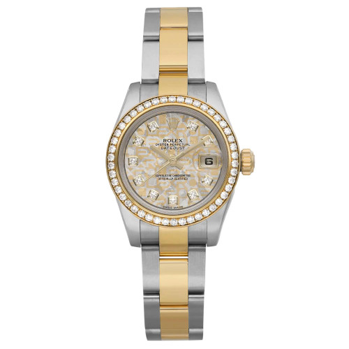 An image of a pre-owned Rolex women's wristwatch presented in a full frontal view. The luxury timepiece features a round case and a two-tone stainless steel and yellow gold band. The watch's bezel is gold encrusted with diamonds. Its champagne dial includes diamond markers at each hour position and a date indicator at the 3 o'clock position. The watch appears in excellent condition with minor signs of wear, captured from a direct front angle at a close distance.