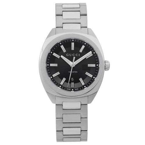 An image of a pre-owned Gucci wristwatch for men in excellent condition, presented in a full frontal view. The watch features a round stainless steel case and band, with a silver bezel and a black sunburst dial. Stick indexes mark the non-numeric hour marks, luminous hands indicate the time, and a date indicator is positioned at the 6 o'clock mark. The watch is styled for a casual look and the Gucci brand is prominently displayed on the dial. The image is taken from a close, direct angle to clearly show the watch's details.