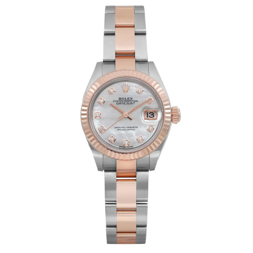 An image of a pre-owned Rolex Datejust women's luxury wristwatch, presented in a full frontal view. The round case and the jubilee bracelet are crafted from stainless steel and rose gold, with the bracelet positioned straight. The fluted bezel is rose gold, and the white mother of pearl dial features diamond markers and a date indicator at 3 o'clock, underlined by the iconic Rolex logo. The watch shows good condition with minor signs of wear and is taken from a medium distance, capturing the entire watch face and band with no noticeable angles.