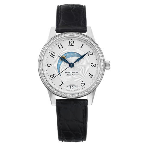 An image of a pre-owned Montblanc women's luxury wristwatch with a front full frontal view. The round watch has a silver dial with gray bezel and is fitted with a black leather band. The stainless steel case surrounds a dial featuring Arabic numerals, a 12-hour dial, and a seconds hand. The watch is positioned centrally and shot from a direct front angle, occupying most of the image frame.