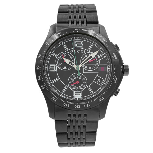 An image of a pre-owned Gucci men's wristwatch in a dress/formal style, presented in a front full frontal view. The watch features a round stainless steel case and band, both in black. It has a black dial with Arabic numerals at the 12, 6, and 9 o'clock positions, stick indexes for the remaining hours, and a date window between 4 and 5 o'clock. This timepiece also includes chronograph functionality with subdials and luminous hands for visibility in low light. The bezel is also black with a tachymeter scale, and the watch is positioned centrally and shot at a close distance, filling the frame for a clear view of its details.