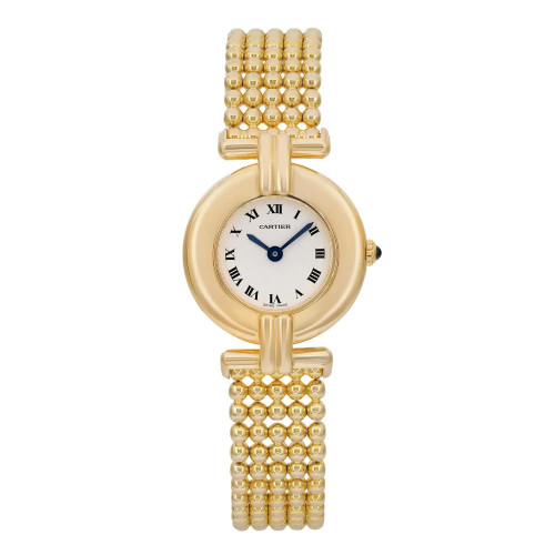 An image of a pre-owned Cartier wristwatch for women in a classic style, presented in a full frontal view. The round watch face is white with black Roman numeral indices and blue hands, encased in a yellow gold bezel. It features a yellow gold band and the piece is positioned centrally with a close-up angle, allowing for clear visibility of minor wear and light scratches indicative of its good condition.