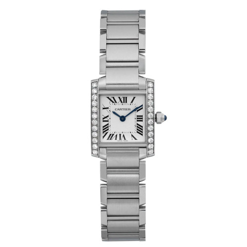 An image of a pre-owned Cartier women's wristwatch in excellent condition, presented in a full frontal view. The watch features a luxurious square-shaped stainless steel case and band, with a steel bezel adorned with diamonds. It has a silver dial with blue hands and Roman numeral indices for a 12-hour display. The watch is shown at a close distance, with the face and band centered and aligned vertically. Light signs of wear are visible, consistent with its pre-owned status.