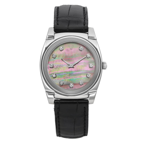 An image of a pre-owned women's Rolex wristwatch in good condition, presented in a front full frontal view. The watch features a round white gold case with light signs of wear and a gray mother of pearl dial adorned with diamond markers. It has a 12-hour dial display with the Rolex logo at the 12 o'clock position. The bezel is also white gold. The leather band, which shows heavy signs of wear, is black and attached to the case. The watch is styled in a casual manner and positioned centrally against a white background, with the camera angle directly facing the watch to capture the entire design and details. The distance from the camera ensures the watch is in full view, allowing for a clear and detailed representation of its condition and style.