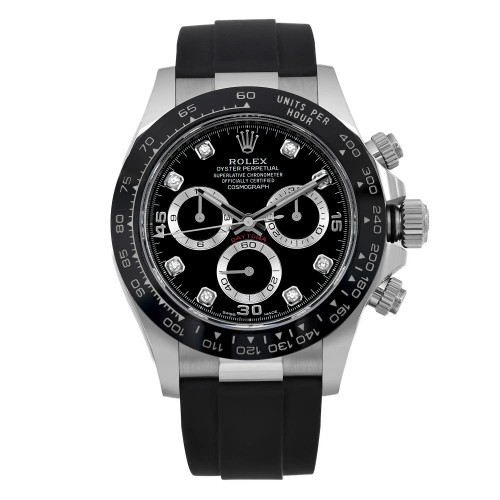 An image of a pre-owned Rolex men's wristwatch in excellent condition, presented in a full frontal view with the watch facing directly towards the camera. The watch features a luxury style with a round white gold case and a black rubber band. The dial is black with diamond markers at each hour and three subdials, including a small seconds subdial. The black bezel has tachymetric markings, and the watch has a 12-hour dial layout. Minor signs of wear or scratches are barely visible.