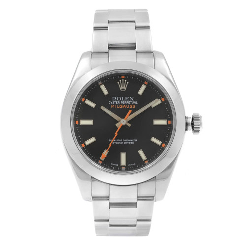 An image of a pre-owned Rolex Oyster Perpetual Milgauss wristwatch in good condition. The watch is displayed in a full frontal view with the dial facing directly towards the camera. It features a round stainless steel case and band, with a black dial accented by white hour markers and an orange seconds hand. The watch is centered in the frame, shot from a medium distance, and is positioned so that the face and band are fully visible. Light signs of wear or scratches are visible upon close inspection.