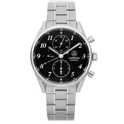 An image of a pre-owned TAG Heuer men's wristwatch in good condition, captured from a full frontal view. The watch has a round shape with a black dial, gray bezel, and features chronograph subdials and a date indicator. Arabic numerals mark the 12-hour dial. The stainless steel band and case show light signs of wear with minor scratches. The image is taken from a close distance, providing a clear view of the watch's front, positioned directly facing the camera.