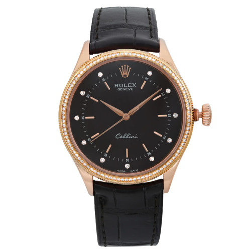 An image of a pre-owned Rolex Cellini luxury wristwatch in excellent condition. The watch is presented in a full frontal view at a close distance, emphasizing its round shape. It features a black dial with rose gold stick indexes and diamond markers for the hours, and the Rolex logo at the 12 o'clock position. The bezel is rose gold with a ring of small diamonds around it. A black leather band attaches to a rose gold case. The crown of the watch also appears in rose gold on the right side of the case. Light signs of wear or scratches might be present but are not immediately noticeable in the image.
