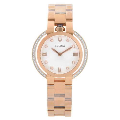 An image of a pre-owned Bulova women's wristwatch in excellent condition displayed in a full frontal view. The watch features a round shape with a silver sunburst pattern dial, rose gold-tone bezel adorned with crystals, and Roman numeral indices mixed with diamond markers. The stainless steel band combines rose gold-tone and transparent links. The watch is positioned centrally against a white background with the dial facing directly forward, offering a clear view of the watch details.