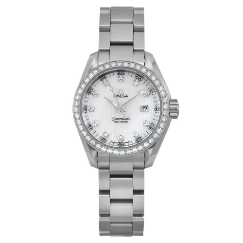 An image of a front full frontal view of a display model OMEGA women's luxury wristwatch. The timepiece showcases a round shape with a white mother of pearl dial and diamond markers at the hours. It features a date indicator at the 3 o'clock position and a diamond set bezel. The stainless steel case and band give the watch a sleek look, visible at a close distance and directly centered in the frame. The condition of the watch is excellent, with no signs of wear.