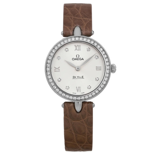 An image of a front full frontal view of a display model OMEGA wristwatch for women in a casual style. The watch features a silver dial with diamond markers at each hour position and Roman numerals at the 12, 3, 6, and 9 o'clock positions. The round case is made of stainless steel with a gray bezel adorned with multiple small diamonds. The band is crafted from brown leather with a visible textured pattern. The watch is positioned centrally in the frame, with the band partially folded behind the watch, allowing a clear view of the dial and case from a direct angle and close distance.