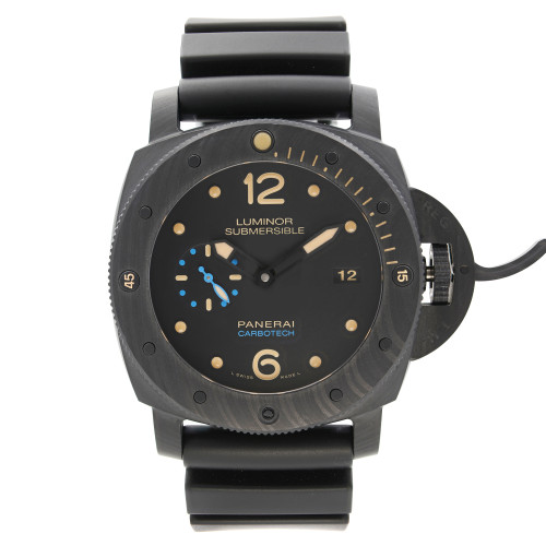 An image of a Wristwatch by Panerai. This Pre Owned item is designed for Men, featuring a Luxury style. It has a Mechanical (Automatic) movement and an Analog display with a Black dial color. The indices include 12-Hour Dial,Arabic Numerals,Non-Numeric Hour Marks. The band is made of Rubber and the case is made of Ceramic. The watch has a Round shape with a case size of 47 mm and a case thickness of 17 mm.