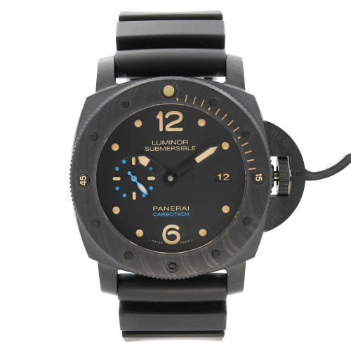 An image of a Wristwatch by Panerai. This Pre Owned item is designed for Men, featuring a Luxury style. It has a Mechanical (Automatic) movement and an Analog display with a Black dial color. The indices include 12-Hour Dial,Arabic Numerals,Round Indexes,Seconds Hand. The band is made of Rubber,Silicone and the case is made of Carbotech. The watch has a Round shape with a case size of 47 mm and a case thickness of 17 mm.