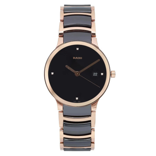 An image of a Wristwatch by Rado. This Pre Owned item is designed for Men, featuring a Casual style. It has a Quartz movement and an Analog display with a Black dial color. The indices include 12-Hour Dial,Diamond Markers. The band is made of Ceramic,Stainless Steel and the case is made of Stainless Steel. The watch has a Round shape with a case size of 38 mm and a case thickness of 8 mm.