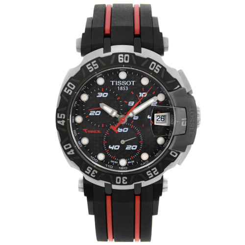 An image of a Wristwatch by Tissot. This Pre Owned item is designed for Men, featuring a Sport style. It has a Quartz movement and an Analog display with a Black dial color. The indices include 12-Hour Dial,Multi Dial,Round Indexes. The band is made of Rubber and the case is made of Stainless Steel. The watch has a Round shape with a case size of 45 mm and a case thickness of 14 mm.