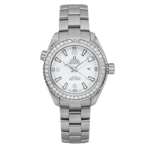 An image of a pre-owned OMEGA women's luxury wristwatch, captured from a front full frontal view. The watch features a round shape with a white dial, gray bezel, and stainless steel band and case. The dial displays 12-hour Arabic numerals and stick indexes, along with a date indicator and luminous hands. The condition is noted as good.