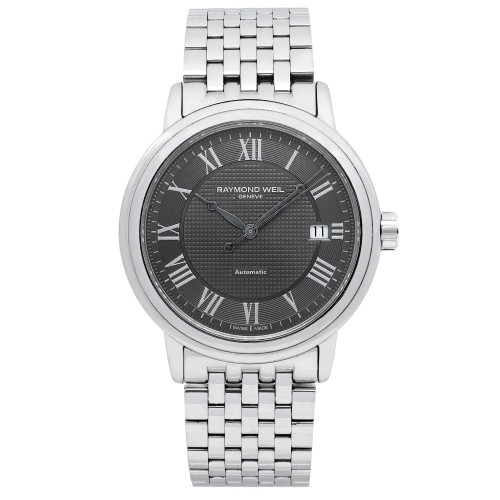 An image of a Wristwatch by RAYMOND WEIL. This Display Model item is designed for Men, featuring a Dress/Formal style. It has a Mechanical (Automatic) movement and an Analog display with a Gray dial color. The indices include 12-Hour Dial,Roman Numerals. The band is made of Stainless Steel and the case is made of Stainless Steel. The watch has a Round shape with a case size of 39 mm and a case thickness of 10 mm.