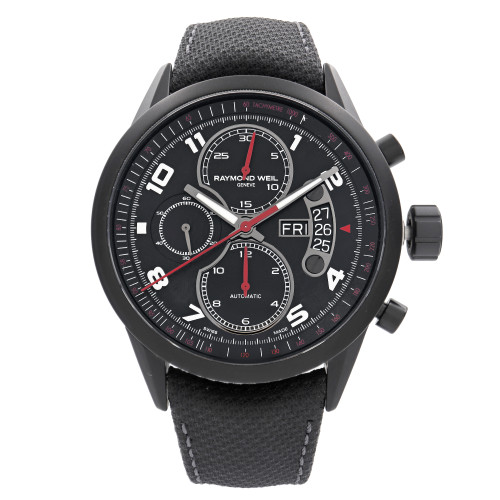 An image of a Wristwatch by RAYMOND WEIL. This Display Model item is designed for Men, featuring a Casual,Diver style. It has a Mechanical (Automatic) movement and an Analog display with a Black dial color. The indices include 12-Hour Dial,Arabic Numerals,Multi Dial. The band is made of Leather and the case is made of Stainless Steel. The watch has a Round shape with a case size of 42 mm and a case thickness of 14 mm.