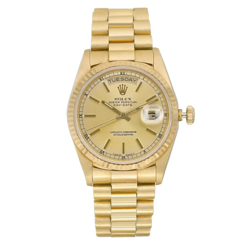 Front Full View Of Rolex 18238 Yellow Gold Watch Pre Owned Condition