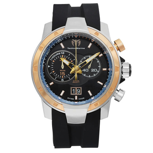 An image of a Wristwatch by TechnoMarine. This Pre Owned item is designed for Men, featuring a Casual style. It has a Quartz movement and an Analog display with a Black dial color. The indices include 12-Hour Dial,Stick Indexes. The band is made of Rubber and the case is made of Stainless Steel. The watch has a Round shape with a case size of 45 mm and a case thickness of 15 mm.