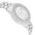 An image of a wristwatch taken from the side profile view, opposite the crown, showcasing its sleek design. The watch is a display model, featuring a metal bracelet and a bezel adorned with decorative elements. The angle highlights the watch's face and the three sub-dials, with the brand name visible on the dial. The distance is close enough to capture the intricate details of the watch's craftsmanship.