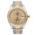 An image of a pre-owned men's Rolex Datejust II 18K Yellow Gold Steel Champagne Dial Mens Watch 116333, positioned upright and viewed directly from the front at a close distance. The watch features a two-tone design with a stainless steel and gold bracelet. The gold bezel surrounds a champagne-colored dial, which includes a date indicator located at the 3 o'clock position.