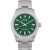 An image of a new wristwatch taken from a front close-up angle, showcasing the green watch face. The stainless steel bracelet and bezel are visible, highlighting the sleek design and detailing of the watch.