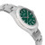 An image of a new wristwatch taken from a side profile view, opposite the crown. The watch features a metallic band and a green watch face. The angle highlights the sleek, polished design of the watch case and bracelet links, capturing the elegance of the timepiece from a close distance.